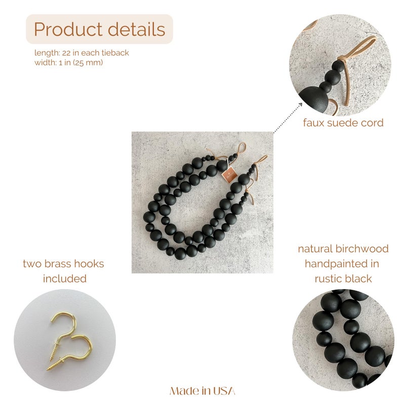 Deco Azul Black Curtain Tiebacks Boho - Black Curtain holdbacks - Farmhouse Curtain tiebacks - Black tie backs - Black curtain tie back hooks - Set of 2 - Image 3